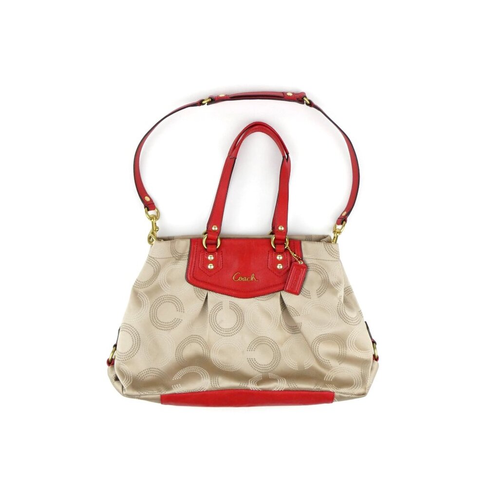 Coach Ashley Signature Khaki Red Op Art Dotted Satchel Crossbody‎ F20049